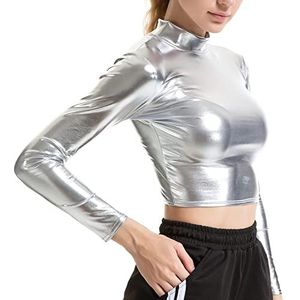 Dames metallic glanzende crop top met lange mouwen dames mode glanzend effen kleur Mock Neck T-Shirt Club Rave Bar kostuum, zilver, XL