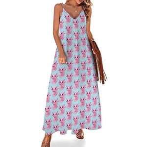 Roze Axolotl Zomerjurk voor dames, maxi-jurk, V-hals, mouwloos, spaghettibandjes, lange jurk