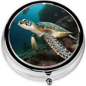 Pillendoosje met spiegel, retro pillendoosje met 3 vakken, zeeschildpad, kleine pillenorganizer voor portemonnee of zak, decoratieve metalen medicijnen, vitamine-organizer, unieke geschenken