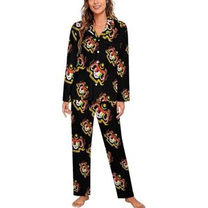 Coat Arms of Malaysia Vrouwen Lange Mouw Button Down Nachtkleding Zachte Nachtkleding Lounge Pyjama Set 2XL