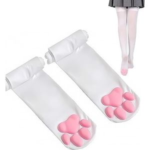 Cat Paw Dij Hoge Sokken Golven, Leuke Zachte 3D Teen Bonen Sokken Wanten Kitten Klauw Pad Sokken voor Meisje Vrouwen Cosplay Set.., Witte Sokken, one size