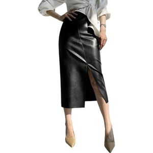 KWISUAWHGA Elegante PU Leren Midi-Rok Voor Dames, Bodycon Met Split, Hoge Taille, Casual, Sexy, Zakelijke Kantoorwerk-Rokken,zwart,L