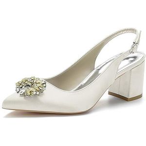 Dames Slingback Bruid Trouwschoenen Gesloten Neus Chunky Blokhak Prom Feest Pumps,ivoor,35 EU