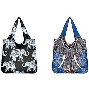 SEANATIVE Herbruikbare boodschappentassen 2 stuks etnische tribal olifant ontwerp dames grote capaciteit boodschappentassen voor reizen picknick camping opvouwbare milieuvriendelijke tassen