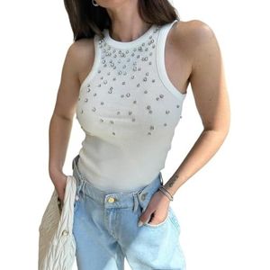 LoprNsdgt Dames Slim Fitted Strass Tops Mode Mouwloos Sprankelend Zacht Y2k Hemdje Vest,Wit,L
