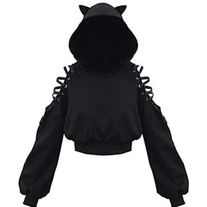 Dames Cat Ears Black Hoodie Lange Mouwen Hoodie Sweatshirt Hollow Out Gothic Tops Blouse, Stijl1., L