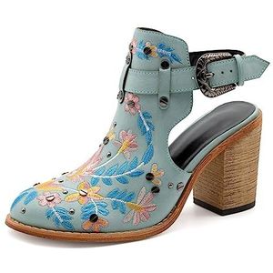 CRETUAO Enkellaarsjes met bloemenborduursel voor dames, vintage houten laarsjes met dikke hak en gesp, sexy mode klinknagelfeestsandalen met hakken,Blauw,38 EU