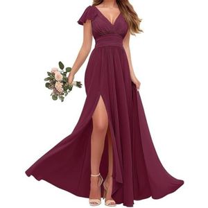 Chiffon bruidsmeisjes jurken met mouw - V-hals Empire taille plooi formele jurk, Woestijnroos, 34