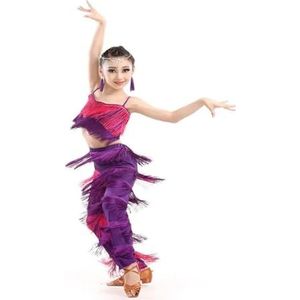 Latin Dancewear Samba kwastje Latin danskleding kostuums Meisjes Salsa ballroom Franje trim dans Tops Broek kostuum Volwassen Ballroom dansjurk Dames Ballroom Jurk (Kleur: Kleur 5, Maat: Kinderen 110c