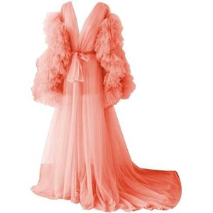 Lange Mouw Geplooide Moederschap Tule Gewaad Voor Fotoshoot Zwangere Badjas Pure Lingerie Nachtjapon AH141, Koraal, 32