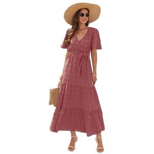 Womens Boho korte mouw V-hals stropdas in de taille jurk met furballs Ruffle gelaagde gesmokte lange cocktailjurk(Pink,XXL)