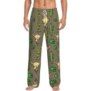 Skull Of Bull And Cute Cactus Heren Lange Lounge Wear Broek Nachtkleding Pyjama Bottoms Nachtkleding Nachtkleding Met Zakken En Trekkoord, Wit, S