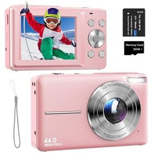Digitale camera 44 MP 1080p FHD compacte digitale camera met 16-voudige zoom, 2,4 inch scherm, 32 GB kaart, een batterij voor jongeren, kinderen en beginners, zwart