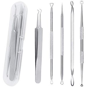 5 STKS Mee-eter Remover Tool Set Acne Extractor Comedone Puistjes Spot en Zit Removal Tool Met Case (Zilver)