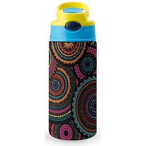 Ronde Ornament Patronen 12oz Water Fles met Stro, Koffie Tumbler Water Cup Rvs Reizen Mok Voor Vrouwen Mannen Blauwe Stijl