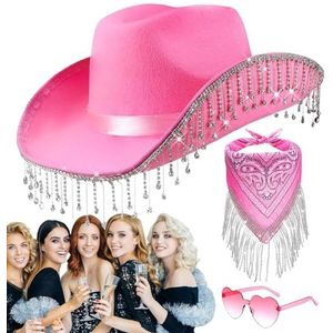 Cowgirl-hoeden met strass voor dames, Cowgirl-hoed met hartbril,3-delige cowgirl-sjaal voor dames - Hartbril Set Halloween Maskerade Afstuderen Cosplay Supply Founcy