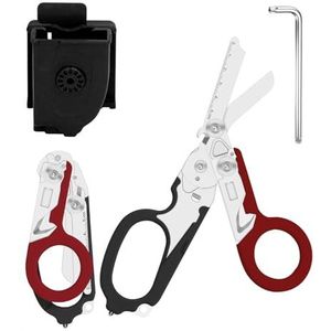 Reddingsschaar, traumaschaar, 6-in-1, opvouwbaar, traumaschaar, noodschaar, verbandschaar met K-beschermhoes, moersleutel voor professionele reddingsdiensten, outdoor, camping (zwart en rood)