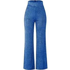 Glitterbroek voor dames, zwart, paillettenbroek, brede broek met pailletten, hoge taille, glitterbroek, elegante mesh-vrijetijdsbroek, feestjes, festivals, club, kostuum, glitterbroek, zilver, goud, wit, blauw, #02-blauw, XL