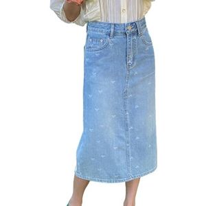 Dames Denim Rok Achterkant Split Hoge Taille Vlinder Print A Lijn Leuke Trendy Jeans Rokken Met Zakken,Blauw,L