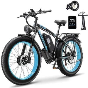 BENFUTO K800 Elektrische fiets met twee motoren, 23 Ah batterij, elektrische 26 inch brede band (zwart-blauw)