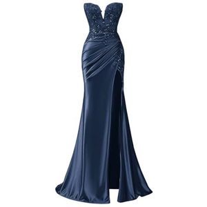 KIYNE Zeemeermin satijnen baljurk voor dames, met kant, appliqué, zijsplit, korset, baljurk voor dames, lange formele jurk, Donkerblauw, 32