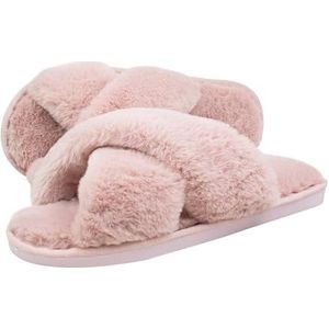 Milaloko Vrouwen Pluizige Cross Band Huis Slippers Fuzzy Open Teen Slippers Gezellige Pluche Slip-on Thuis Schoenen Indoor Outdoor, roze, 5/6 UK