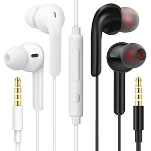 MAS CARNEY 【2 paar, zwart + wit】 Hoofdtelefoon WI9 in-ear hoofdtelefoon met volumeregelaar en microfoon, oortelefoon voor mobiele telefoon, smartphone, computer, laptop, MP3, PSP (2 paar, zwart + wit)