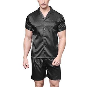 Satijnen pyjamaset met korte mouwen voor heren, Zwart, M