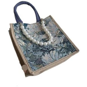 TYNXK Tote Linnen Tassen Tote Bags Vrouwen Handtassen Grote Linnen Strandtas Met Parel Ketting Winkelen Handtas Jute Boodschappentas, Blauw-s, Eén maat