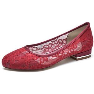 Dames Kanten Trouwschoenen Slip on Bruidsschoenen Gesloten Teen Pumps Ronde Neus Ballet Flats,Burgundy,36 EU