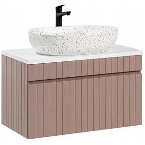 Muebles Slavic Hangende badkamerkast met aanrecht wastafel lade roze 80 cm, moderne badkamermeubel unit