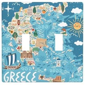 ZhaoYuGoods Griekenland kaart print muurplaat, dubbele tuimellichtschakelaar outlet cover 2-Gang 11,4 cm x 11,4 cm, PC decoratieve voorplaat voor thuis en kantoor
