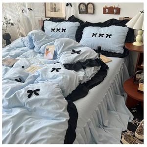 Kanten rand beddengoed dekbedovertrek, Prinsessenstijl Meisjes Ruffle Beddengoedset Multicolor Meerdere Maten Pakket Van 3 Of 4(Sky Blue,1.8X2m Bedskirt 4pcs)