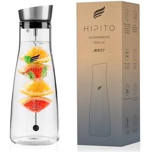 HIPITO Glazen karaf [1,5 l] - Premium waterkaraf van borosilicaatglas met vruchtspies en mat roestvrijstalen deksel