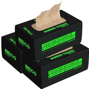 Beco Bamboe superzachte 2-laags tissuedoos 200 trekt elk, 100% natuurlijk en milieuvriendelijk tissuepapier (Pack van 3, 600 tissue)