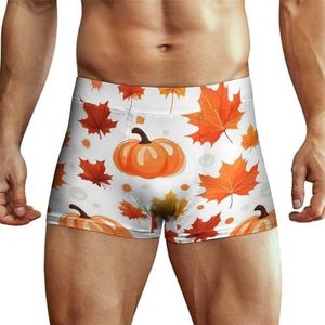 Maple Leaf And Pumpkin Boxershorts voor heren, hoge tailleband, zacht ondergoed, stretch trunks panty