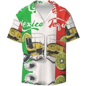 TyEdee Mexico vlag en tequila print heren korte mouw overhemden met zak casual button down shirts business shirt, Zwart, 3XL