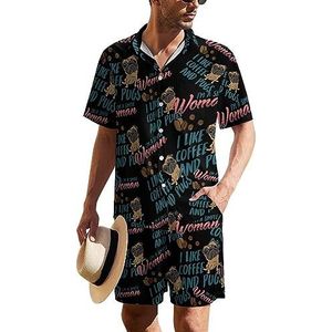 I Love Coffee Pugs Hawaiiaanse pak voor heren, 2-delige strandoutfit, shirt en korte broek, bijpassende set
