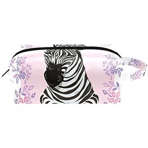 Zebra Roze Patroon Waterdichte Cosmetische Tas voor Vrouwen Meisjes, Lederen Toilettas Reistas Met Handvat en Rits, Draagbare Vierkante Make-up Case