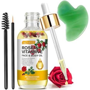 Rozenolie voor gezicht + gua sha hulpmiddel, organische vitamine E-olie tegen huidveroudering, littekens, Gua Sha-gezichtsolie, natuurlijke massage-lichaamsolie voor droge huid, hoofdhuid en nagels