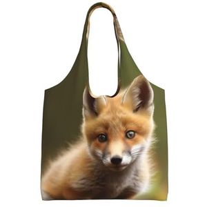 YNCATXZ Leuke Baby Fox Canvas Tote Bag voor Vrouwen Esthetische Boodschappentassen Schoudertas Herbruikbare Boodschappentassen, Zwart, Eén maat