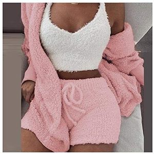 Fuzzy Pyjama-Set Voor Dames, Sexy 3-Delige Fleece Outfits Trainingspak Zacht Open Vest En Broek Met Wijde Pijpen Winter Warme Loungesets,Pink 1,S