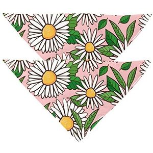 2 Pack Hond Bandana Hand Getrokken Witte Madeliefjes Groene Bladeren Roze Meisje Jongen Huisdier Slabbetjes Hond Sjaal Hoofddoek Wasbare Bandana's Accessoires Voor Kleine Middelgrote Honden Puppy Kat Huisdier