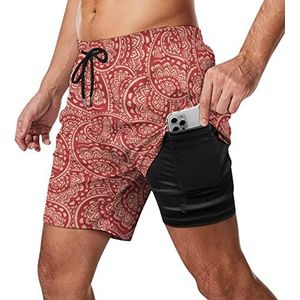 Rode Paisley Zwembroek voor heren, sneldrogend, 2-in-1 strandsportshorts met compressieliner en zak