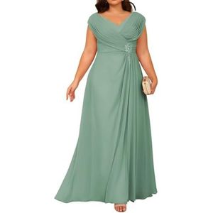 Dames chiffon moeder van de bruid jurk voor bruiloft ruches galajurken cocktailjurk plus size, Eucalyptus, 32