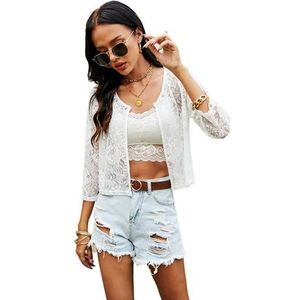 Ietaoo Bolero dames kanten bolerojas shrug zomer 3/4 mouwen schouderjas gebreide jas kort cardigan, wit, M
