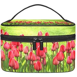 Rode Tulip Blossom Make-up Organizer Bag, Reizen Make-up Tas Organizer Case Draagbare Cosmetische Tas voor Vrouwen en Meisjes Toiletartikelen, Meerkleurig, 22.5x15x13.8cm/8.9x5.9x5.4in