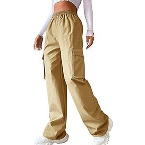 Dames Baggy Cargo Broek Trekkoord Laag Getailleerde Casual Losse Broek Broek Met Zak Streetwear Baggy Jogger Relaxed Cinch Broek (Color : Khaki, Size : XS)