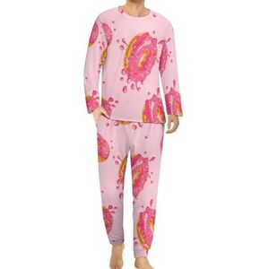 Roze zoete donuts print comfortabele heren pyjama set ronde hals lange mouwen loungewear met zakken XL