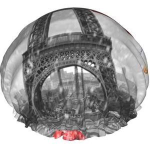 Eiffeltoren met rode paraplu bedrukte douchemuts voor vrouwen, waterdichte badmutsen, herbruikbare dubbellaagse douchemuts, badmutsen voor mannen, dames, spa-salon